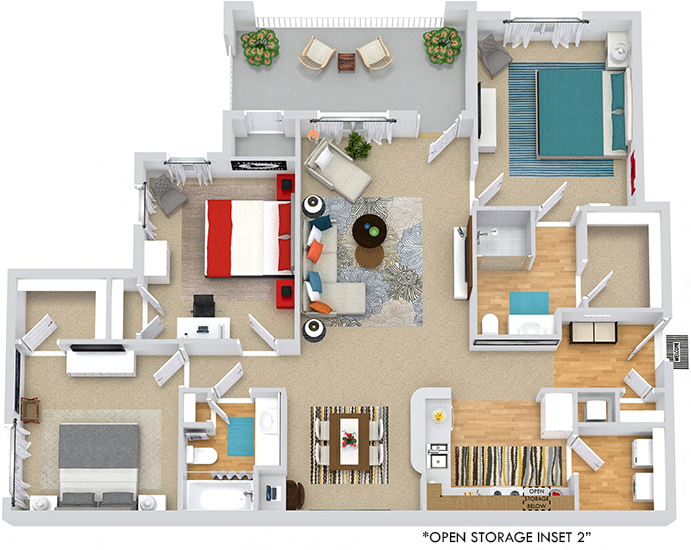 Floor plan for 3 beds, 2 baths, 1313 sqft